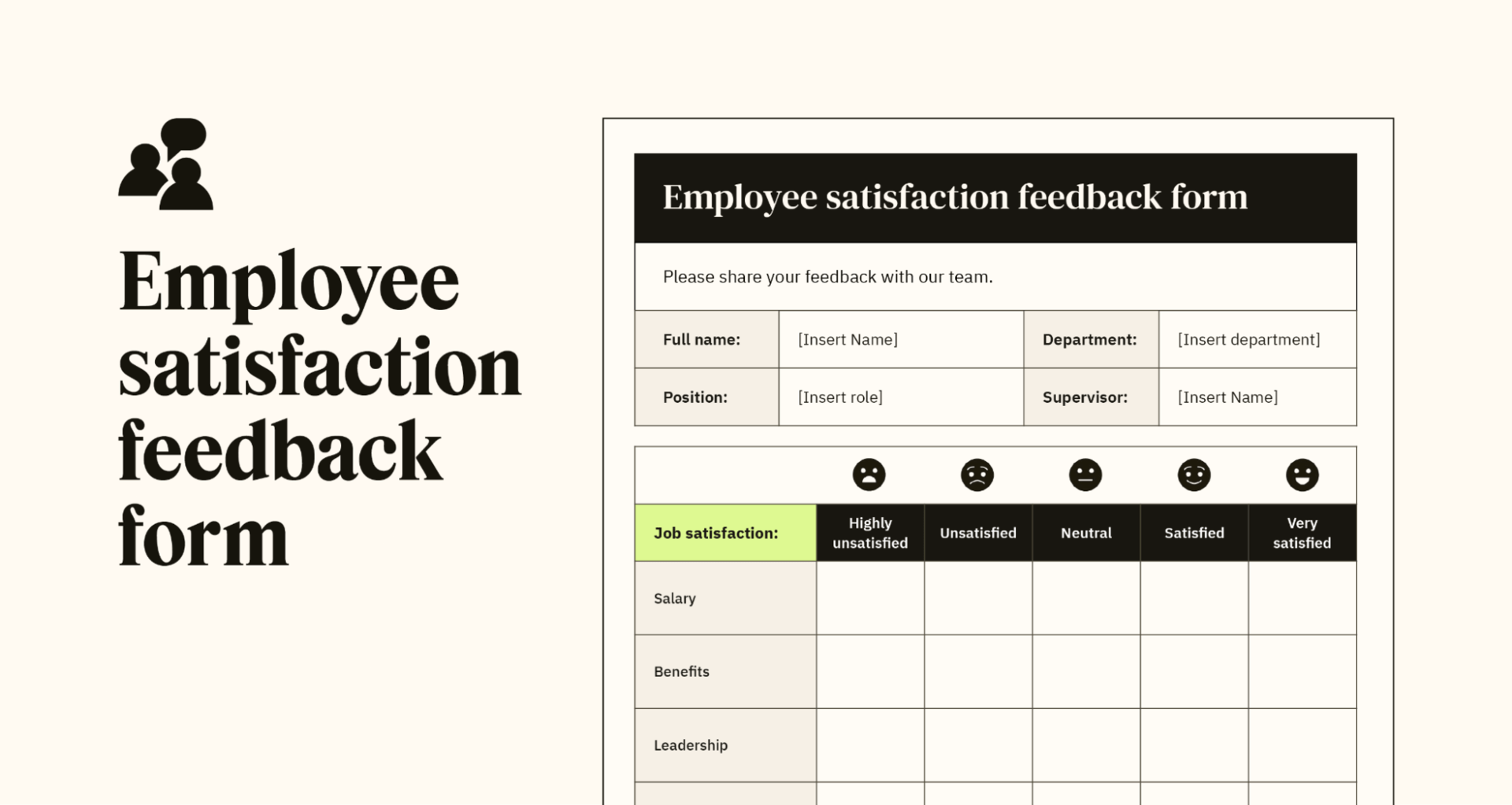 A preview of a customizable employee satisfaction feedback form template.