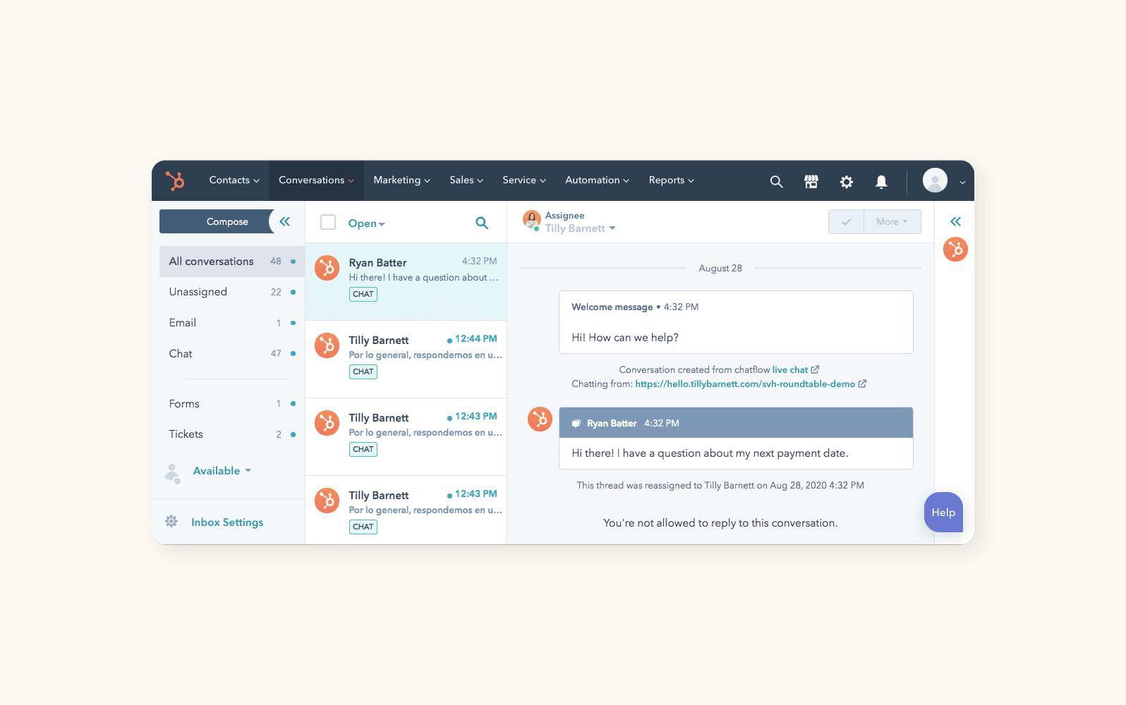 Screenshot of HubSpot Service Hub software displaying conversation in shared inbox