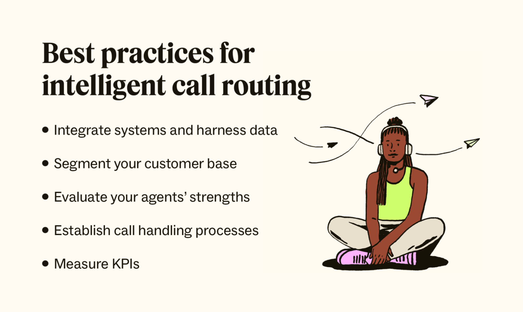 An illustration of a woman with paper planes flying behind her accompanies a list of intelligent contact routing best practices.