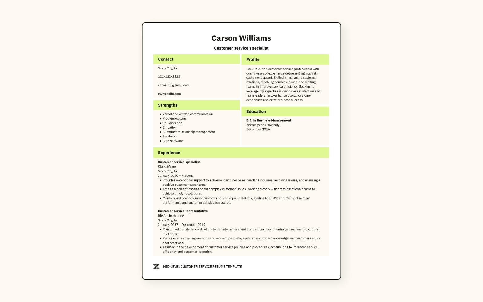 A mid-level customer service resume example.