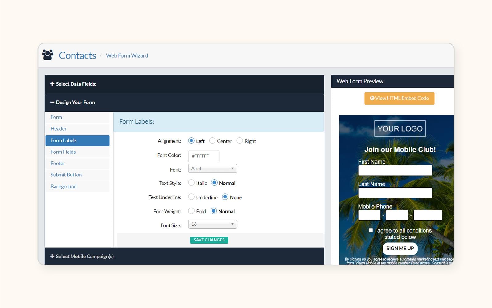 A screenshot of a dashboard in iVision mobile, a customer loyalty software.