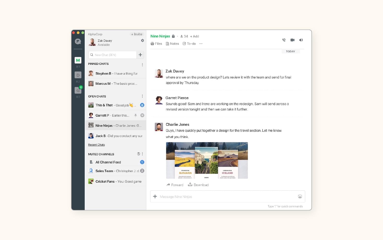 A team communicates in a group chat channel using Flock, an example of an instant messaging platform.
