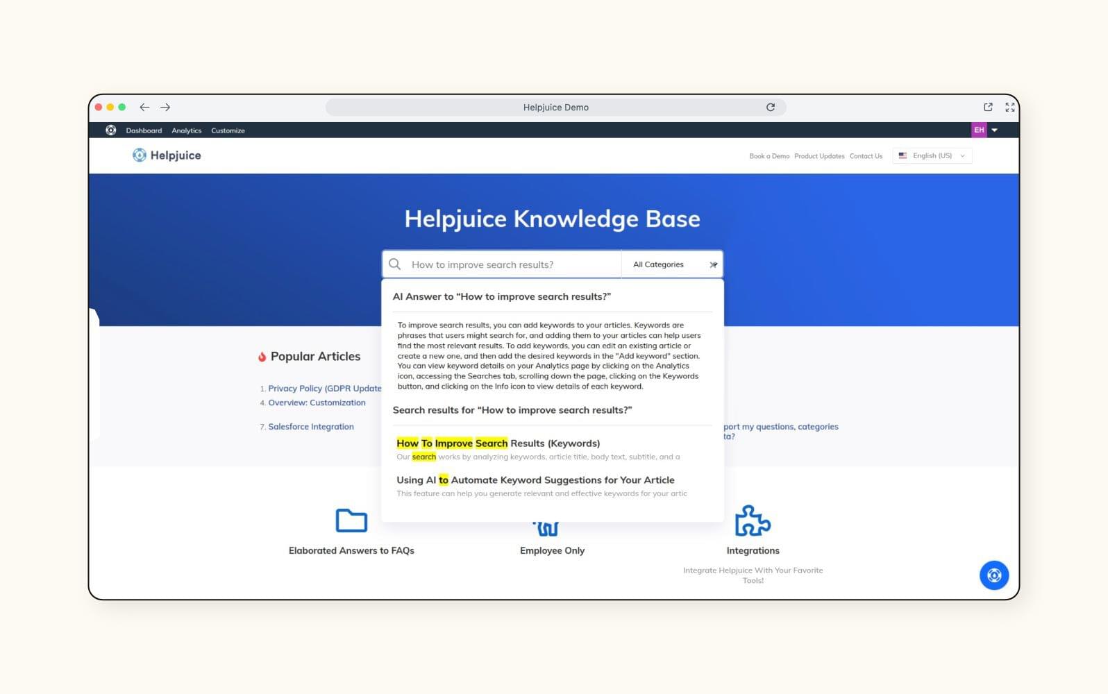 Une image affiche la démo de la base de connaissances de helpjuice.