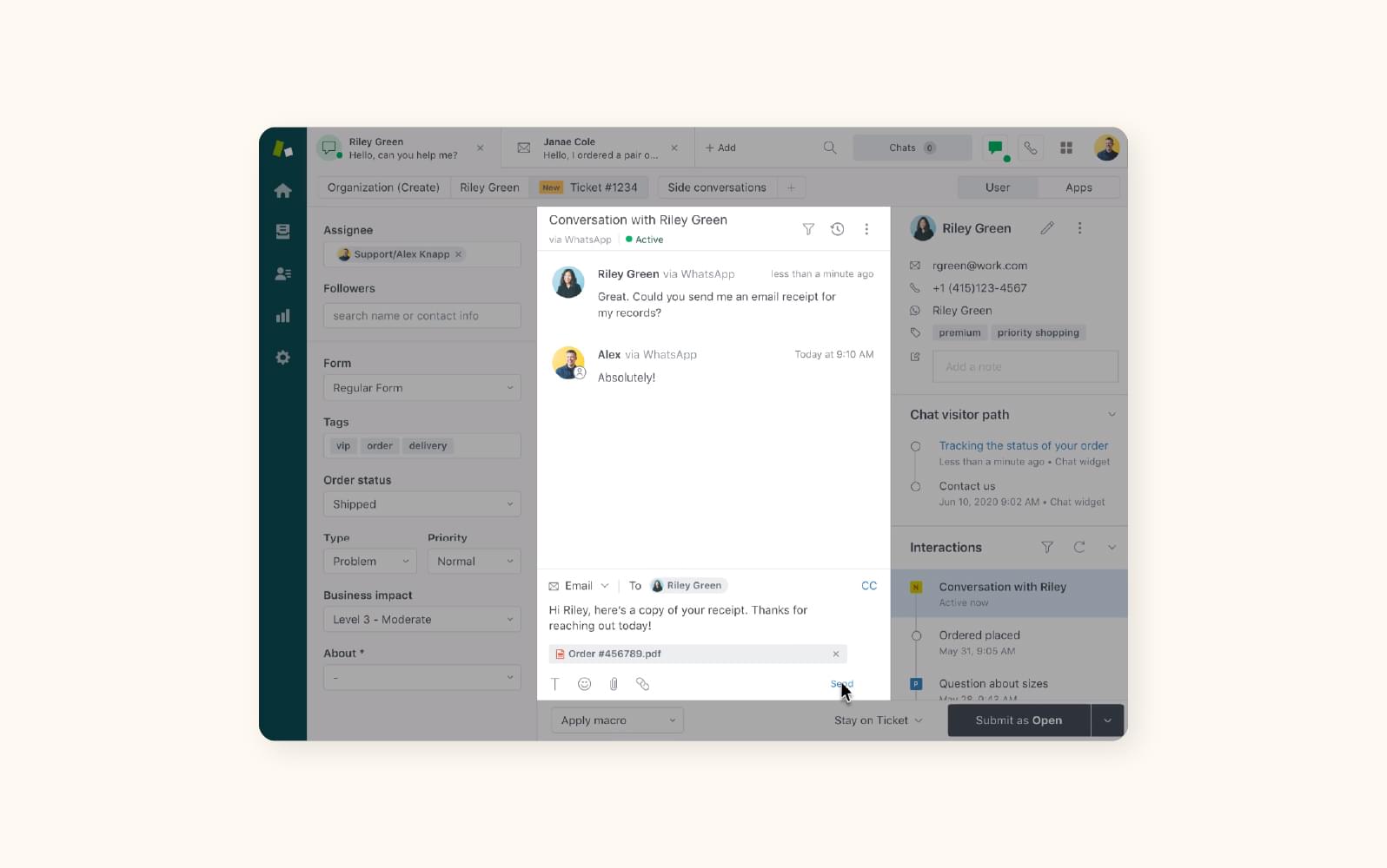 A support agent messages a customer using Zendesk, a popular instant messaging software and complete customer service solution.