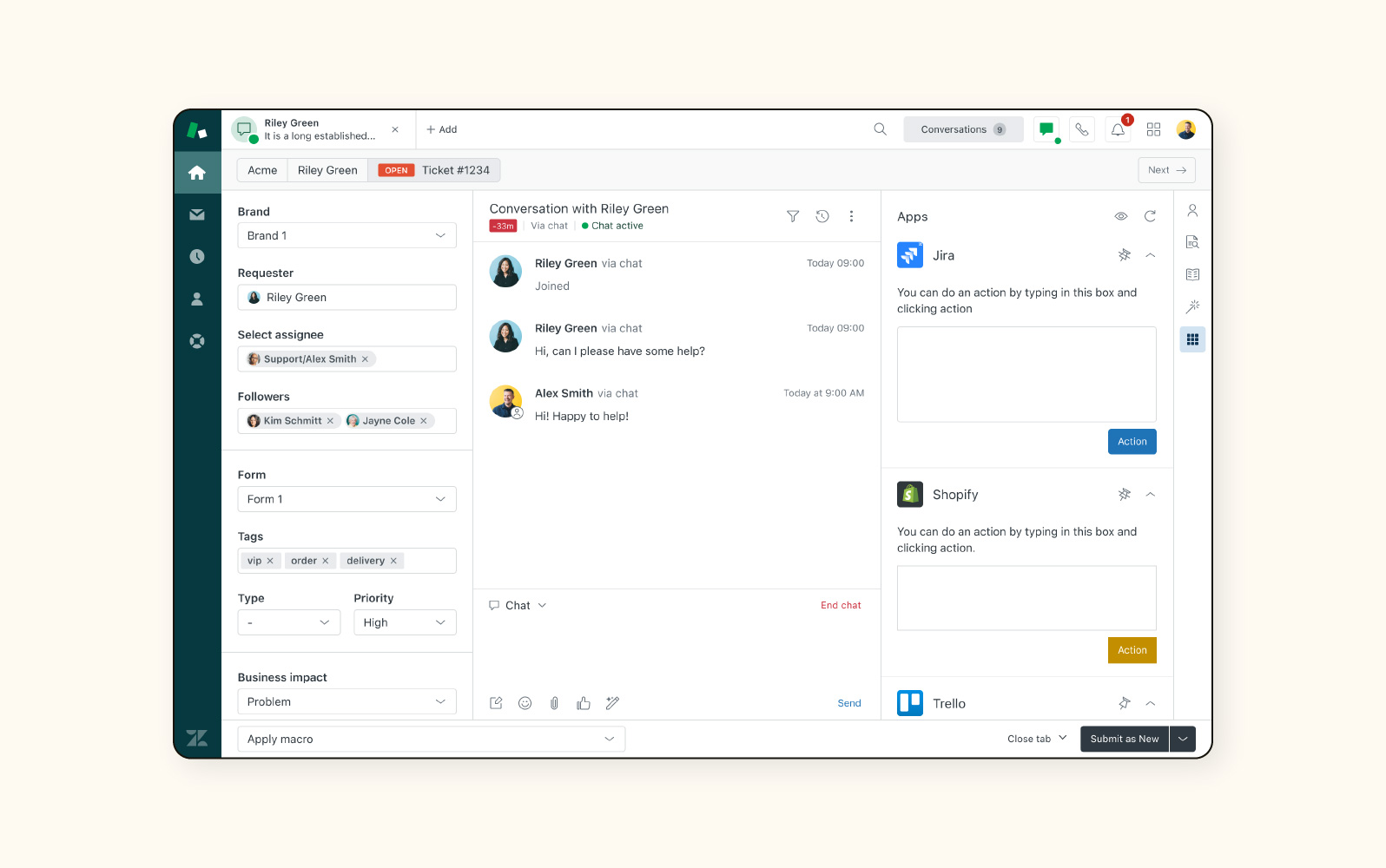 A view of help desk software from Zendesk.