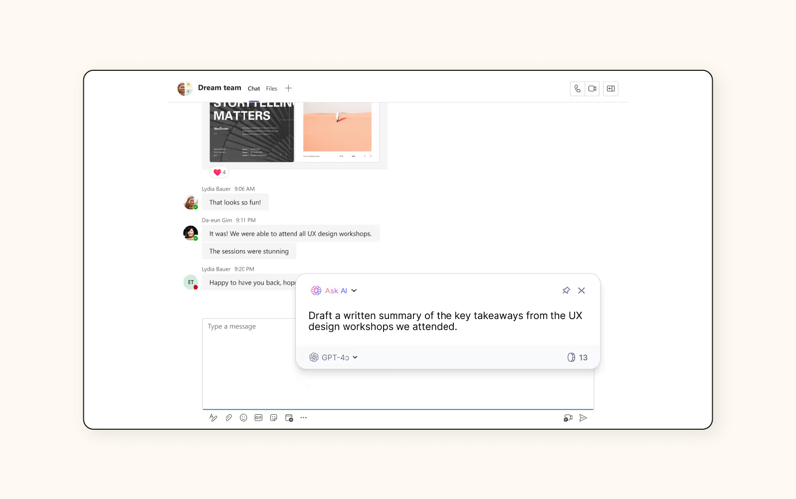 The ZenoChat AI chatbot receives a prompt to summarize key takeaways from a workshop.